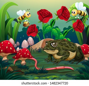 Background scene with roses in garden illustration