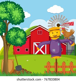 Escena de fondo con espantapájaros e ilustración de pollo