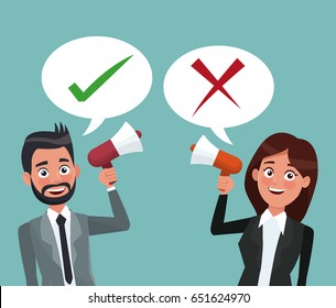 background scene set couple half body male and female in formal suit speaks for dialog box with check mark posotive and negative