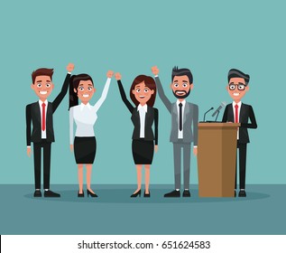 background scene set people in formal suit greeting with male candidate in presentation