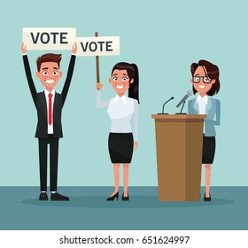 background scene set people in formal suit with banner promoving voting and female candidate in presentation