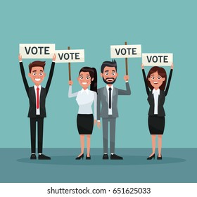 background scene set people in formal suit with banner promoving voting