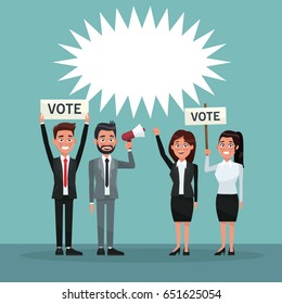 background scene set people in formal suit speaks for dialog box and banner promoving vote