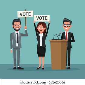background scene set people in formal suit with banner promoving voting and candidate in presentation