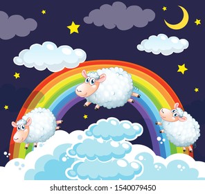 Background scene of sheep jumping in the clouds illustration