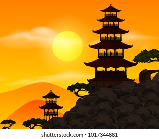 Background scene with silhouette building at sunset