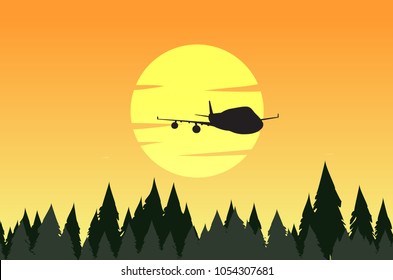 Background scene with silhouette forest and airplane illustration