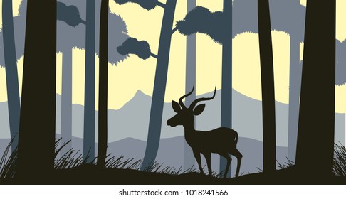 Background scene with silhouette gazelle in forest illustration