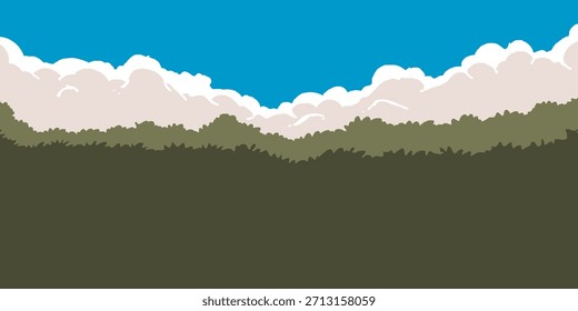 Cena de fundo com céu, nuvens brancas e arbustos verdes.