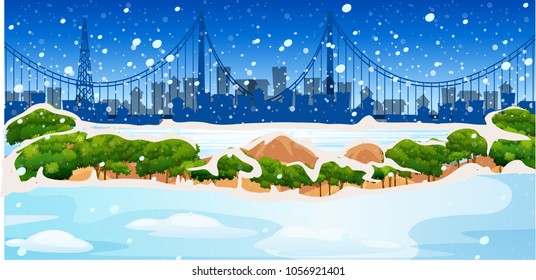 Background scene with snow in city illustration