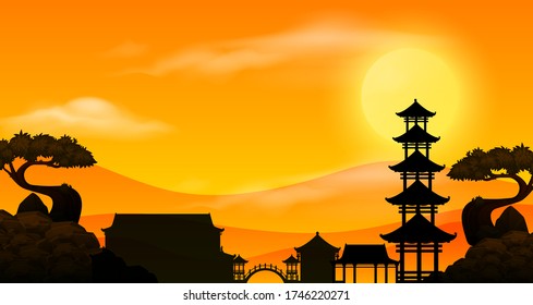 Background Scene With Sunset And Silhouette Asian Temple Illustration