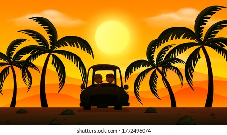 Hintergrundszene mit Sonnenuntergang und Silhouettengrafik