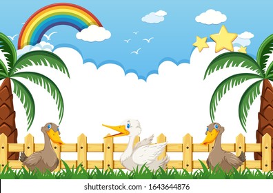 Background scene with three ducks in the park illustration