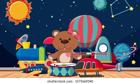 Background scene with toys on wooden floor illustration