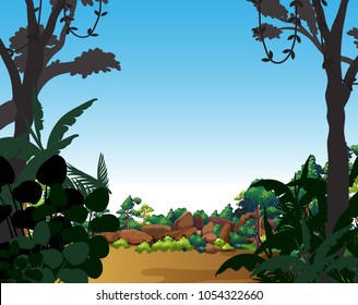Escena de fondo con árboles e ilustración de campo
