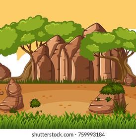 Escenario de fondo con árboles e ilustración de montaña