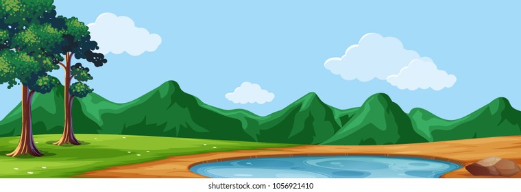 Background scene with trees and pond illustration