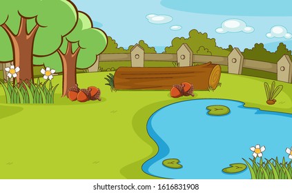 Background scene with trees and pond illustration