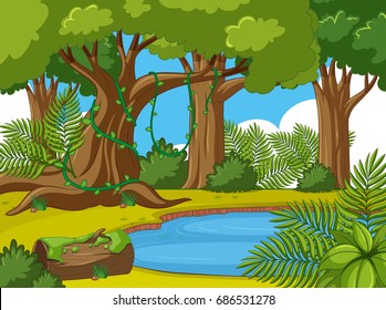 Background scene with trees and pond illustration