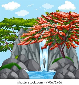 Hintergrund-Szene mit Bäumen auf Wasserfallgrafik