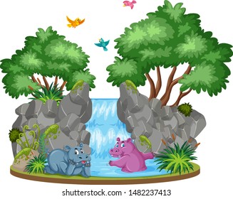 Background scene of two hippo by the waterfall illustration - Shutterstock ID 1482237413