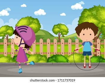 Background scene with two kids in the park illustration