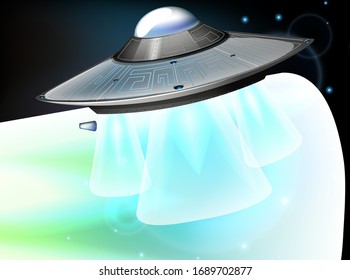 Background scene with UFO flying in dark sky illustration