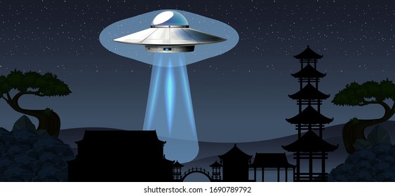 Escena de fondo con OVNI volando en una ilustración de cielo oscuro