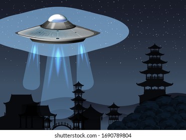 Background scene with UFO flying in dark sky illustration
