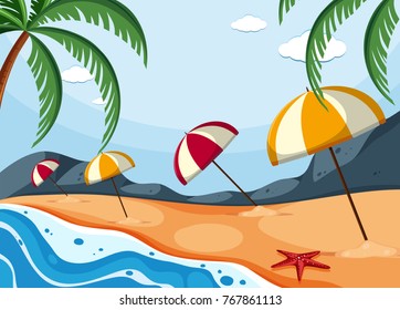 Background scene with umbrellas on beach illustration