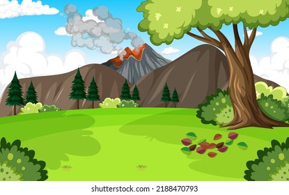 Escenario de fondo con volcán e ilustración forestal