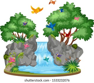 Background scene of waterfall and birds illustration