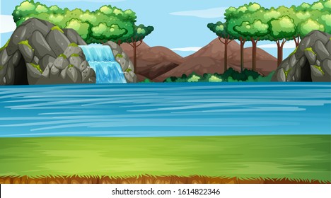 Background scene with waterfall and river illustration