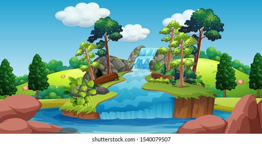 Background scene of waterfall with trees around illustration