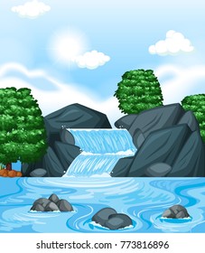 Background scene with waterfall and trees illustration