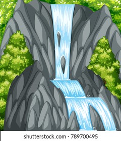 Escenario de fondo con cascada e ilustración de árboles