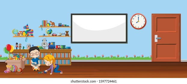 Background scene with whiteboard and toys illustration