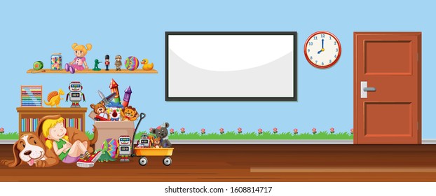 Background scene with whiteboard and toys illustration
