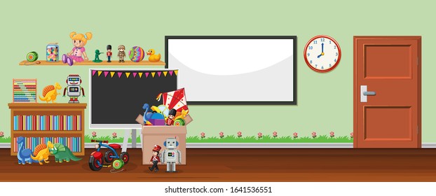 Background scene with whiteboard and toys illustration
