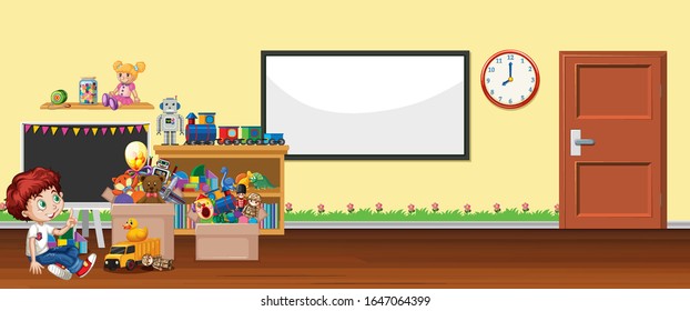 Background scene with whiteboard and toys illustration