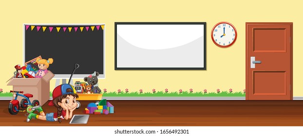 Background scene with whiteboard and toys illustration