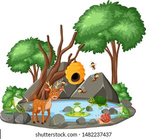 Escena de fondo de animales salvajes e ilustración de estanques