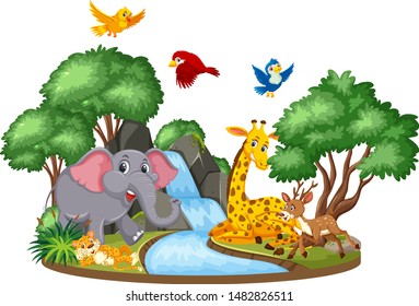 Escena de fondo de animales salvajes en la ilustración de la cascada