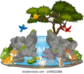 Background scene of wild animals and waterfall illustration