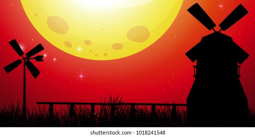 Background scene with windmills in the field illustration