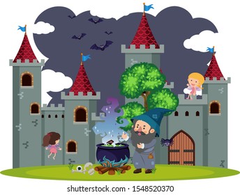 Background scene of wizard at the castle illustration