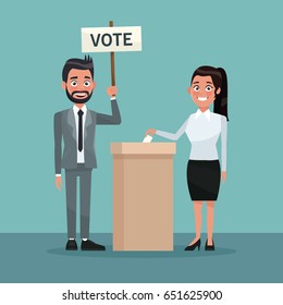 background scene woman in skirt vote in urn for candidate and bearded man in formal suit with poster