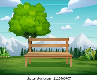 Background scene with a wooden bench and tree in the middle of nature