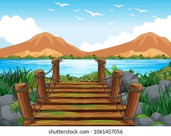 Background scene with wooden bridge to the lake illustration