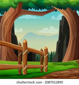 Background scene with wooden fence on the nature illustration